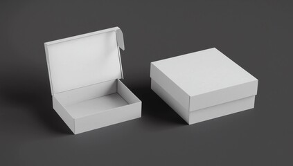 Blank white wide square box with open and closed hinged flap lid on white background. Clipping path around box mock up. 3d illustration 