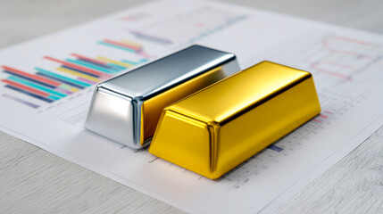 Two shiny metal bars, one silver and one gold, rest on top of papers displaying colorful charts and graphs, suggesting wealth and financial analysis