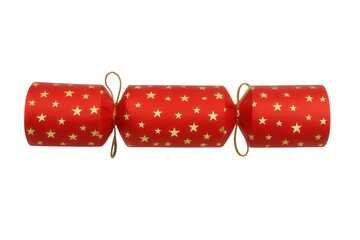Christmas cracker with red wrapping and gold stars, symbolizing festive celebration and holiday tradition