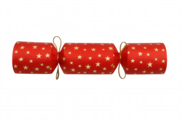 Christmas cracker with red wrapping and gold stars, symbolizing festive celebration and holiday tradition