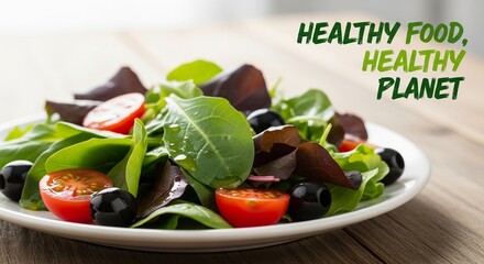 Healthy food, healthy planet, bowl of fresh vegetable salad with tomatoes and olives on a wooden table, for World Food Day concepts