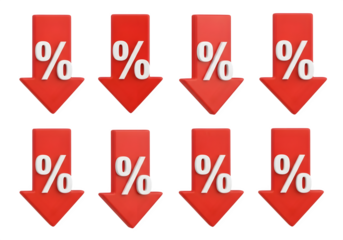 Image of super premium transparent photo of eight red downward pointing arrows, each with a white percentage symbol on it, arranged in two rows, isolated on transparent background