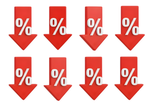 Image of super premium transparent photo of eight red downward pointing arrows, each with a white percentage symbol on it, arranged in two rows, isolated on transparent background