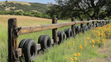 Obraz premium Wooden fence with black tires in green field with yellow flowers and hills in summer rural landscape
