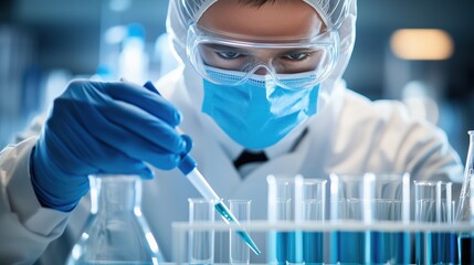 Scientist in protective mask and gloves working with pipette and test tubes in modern laboratory