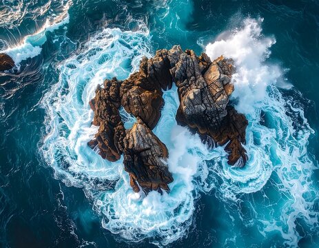Rocky islet amidst churning waves