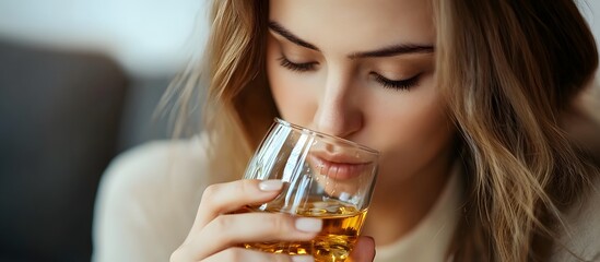 Young woman drinking alcohol alone in her apartment, alcoholism, depression concept