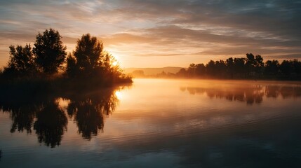 Obraz premium Serene sunrise over a misty lake with golden light and reflections