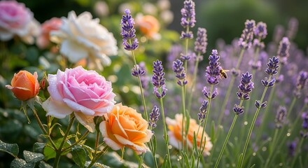 Beautiful garden scene with delicate pink, orange, and white roses blooming beside fragrant purple lavender, attracting a blurred bee in soft morning light.