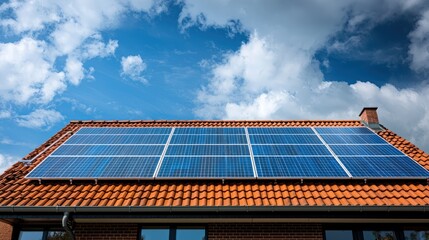 A solar panel array installed on a red-tiled roof under a blue sky with white clouds.