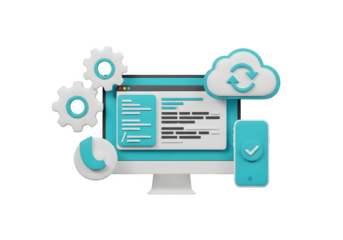 Image of super premium transparent 3d illustration of a computer with gears, a smartphone, and a cloud icon, representing technology and data synchronization, isolated on transparent background