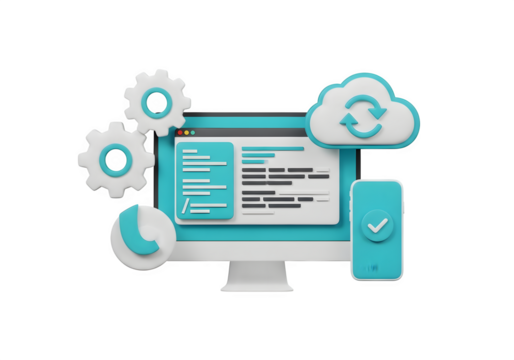Image of super premium transparent 3d illustration of a computer with gears, a smartphone, and a cloud icon, representing technology and data synchronization, isolated on transparent background