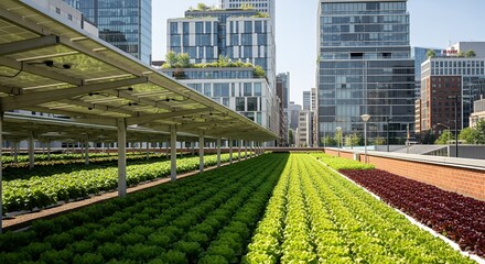 Innovative urban hydroponic farm with rows of vibrant green and red crops growing under artificial lights, set against a backdrop of modern city buildings.