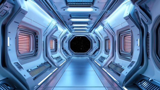 A futuristic spaceship corridor with a blue and white color scheme, featuring a glowing light at the end of the tunnel.