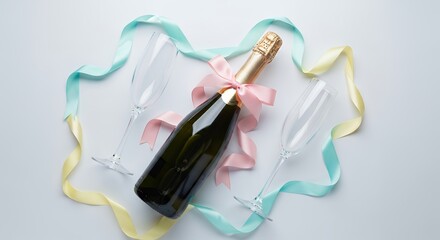 Elegant champagne bottle with a pink bow and two flutes, adorned with festive ribbons on a white background, symbolizing celebration and luxury.