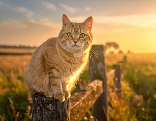 Fototapeta premium A beautiful ginger tabby cat sitting on a rustic wooden fence post during a golden sunset in the countryside.