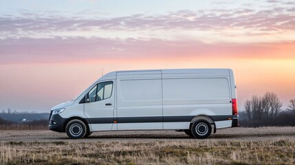 A white van parked on a dirt road at sunset.