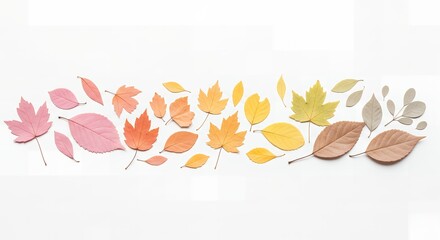 Beautiful gradient arrangement of dried autumn leaves, transitioning from vibrant pinks to soft browns on a clean white background, symbolizing seasonal change.