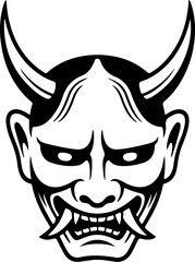 Illustration of a japanese Hannya mask isolated on white background. Design element for emblem, sign, poster, badge. Vector illustration