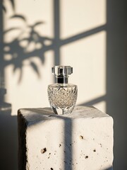 Elegant crystal perfume bottle on a textured concrete block, casting dramatic shadows against a light wall, highlighting luxury and fragrance.