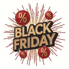Black friday sale advertisement with percentage signs and burst background on transparent background