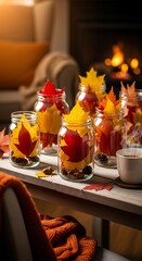 Cozy autumn still life with glass jars filled with vibrant fall leaves and pinecones, a warm drink, and a blurred fireplace, evoking comfort and seasonal warmth.