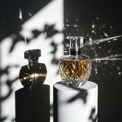 Exquisite crystal perfume bottle with golden liquid, creating sparkling light reflections and dramatic shadows on a white pedestal, conveying luxury and elegance.