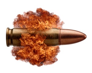 Bullet with fire effect straight side view isolated on transparency background dramatic explosion metallic texture dynamic energy intense action realistic detail
