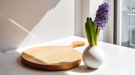 Wooden Cutting Board and Purple Hyacinth in Vase