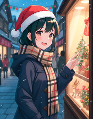 クリスマスの町中、ショーウィンドウの中のグッズに顔を近づけ笑いながら眺めている女子高生