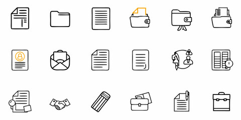 Doodle-style business icons representing finance, documents, teamwork, and career, ideal for presentations, websites, and marketing materials.