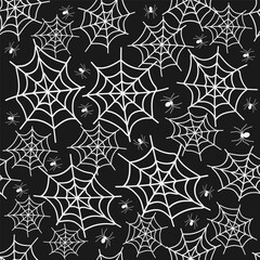Seamless pattern filled with intricate spider webs and small spiders creating a spooky Halloween atmosphere