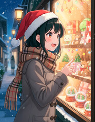 クリスマスの町中、ショーウィンドウの中のグッズに顔を近づけ笑いながら眺めている女子高生
