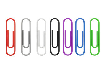 Image of super premium transparent photo of a collection of seven colorful paper clips in red, gray, white, black, purple, blue, and green, isolated on transparent background