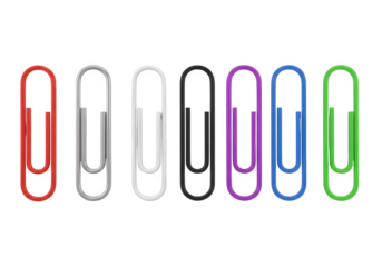 Image of super premium transparent photo of a collection of seven colorful paper clips in red, gray, white, black, purple, blue, and green, isolated on transparent background