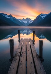 Fototapeta premium Serene Mountain Lake Sunrise Pier.