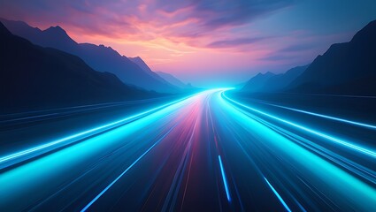 Vibrant neon blue light trails streak down a dark highway at dusk flanked by silhouetted mountains under a dramatic pink and purple sky symbolizing speed and futuristic travel