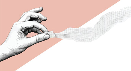 An illustrative drawing of a hand holding a piece of tape or bandage, extending into a textured white pattern against a split pink and white background.