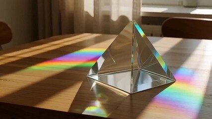 Sunlight refracts through a crystal pyramid creating a vibrant rainbow spectrum across a wooden table, evoking wonder and discovery. - Powered by Adobe