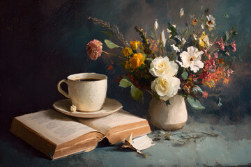 a painting of a book and a cup of coffee