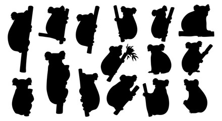 Silhouette Various Poses Koala Bear on Branch Mammal Animal Set