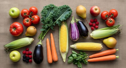 Vibrant flat lay of fresh organic fruits and vegetables including corn, carrots, tomatoes, kale, and berries on a rustic burlap background, showcasing healthy eating.