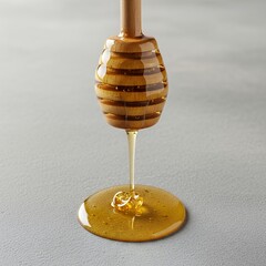 Golden honey gracefully dripping from a wooden dipper onto a clean grey surface, symbolizing natural sweetness and pure organic goodness.