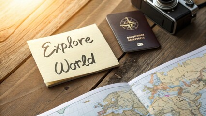 Explore the World: Travel Planning with Map, Passport, Camera, and Sticky Note