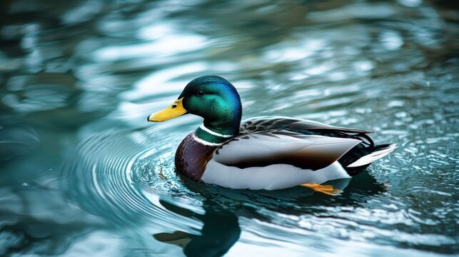 A duck swimming in a calm pond with green and blue water.