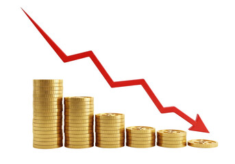 Image of super premium transparent photo of falling stacks of gold coins with a red downward trending graph isolated on transparent background