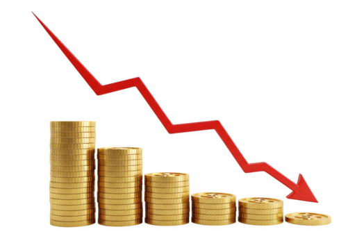 Image of super premium transparent photo of falling stacks of gold coins with a red downward trending graph isolated on transparent background