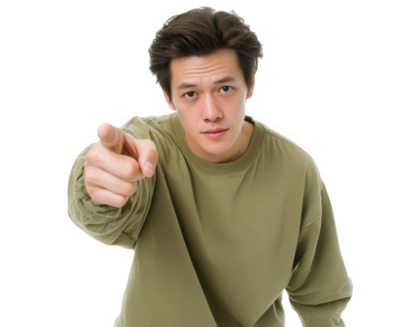Young Asian man in olive green sweater pointing directly at camera, serious facial expression, isolated on transparency background, straight side view, assertive gesture
