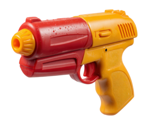 Red yellow water gun plastic toy isolated on transparency background straight side view playful summer outdoor activity wet fun children recreation
