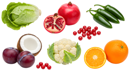 Fresh assortment of healthy fruits and vegetables including lettuce, pomegranate, jalapeno, coconut, plums, cauliflower, orange, and red currants